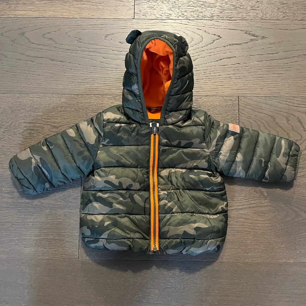 GAP Kids Green Camo Puffer Jacket with Orange Lining NWT